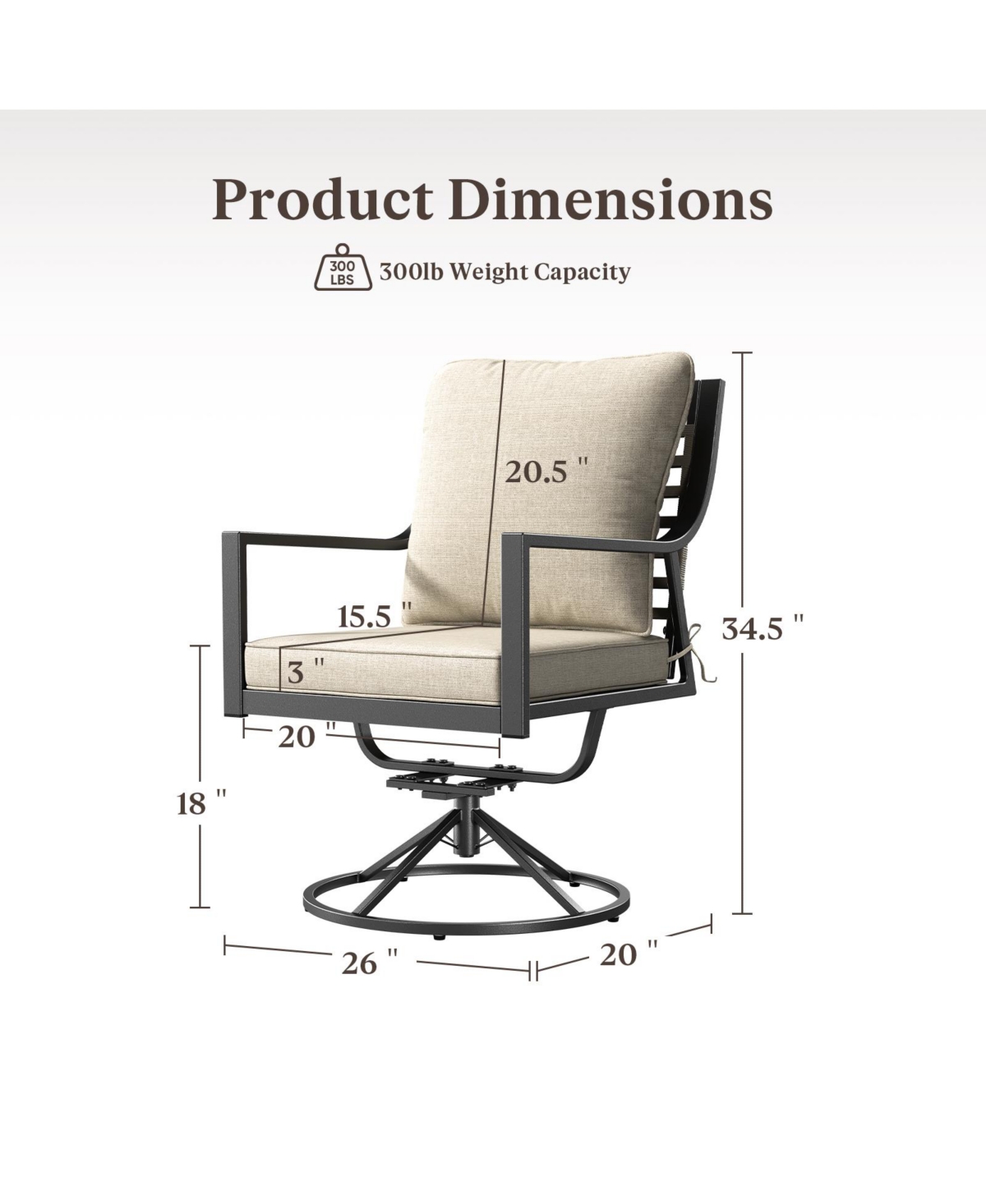 Pocassy Patio Swivel Chairs Set of 2, Outdoor Dining Chairs High Back with Olefin Cushion, Metal Rocking Frame for Backyard Lawn Garden