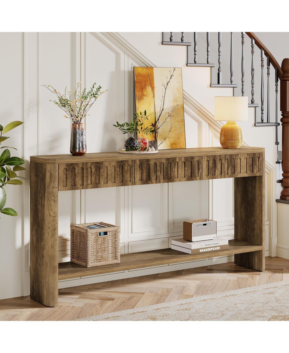 Tribesigns Farmhouse Console Table, Fluted Wood Entryway Table with 3 Drawers and Open Shelf for Behind Couch Living Room Hallway