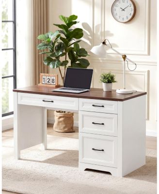 Farmhouse Executive Desk - File Cabinet and Storage Drawers, Space-Saving Small Desk for Bedroom Office