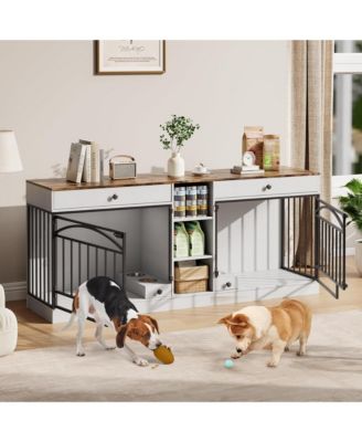 Double Dog Crate Furniture for 2 Small/Medium Dogs with Drawers, Shelves, Feeding Bowls, Indoor Kennel & TV Stand