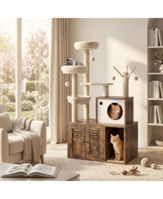 Stylish Wooden Cat Litter Box Enclosure with Barn Door, Cat Bathroom Furniture Cabinet, Fits Most Litter Boxes, Storage Solution, Pet House