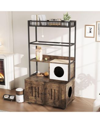 Cat Litter Box Enclosures with Storage Rack, Enclosed Litter Box Furniture, Hammock, Sisal Balls and Cat Scratching Mat