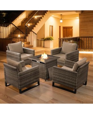 5 Pieces Patio Furniture Set with Fire Pit Table, Patio Wicker Chairs, Fire Pit Table, All Weather Outdoor Conversation Set