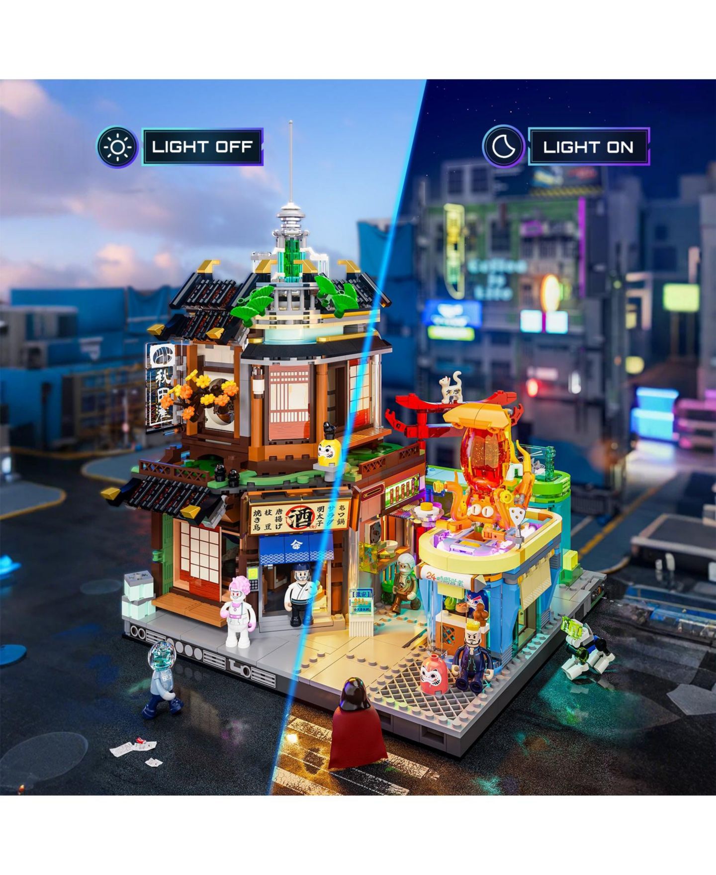 Детские конструкторы Lumibricks 1987 Pcs Cyberpunk Japanese Izakaya Neon City Building Bricks Future Pub LED Light Model Set — фото 6