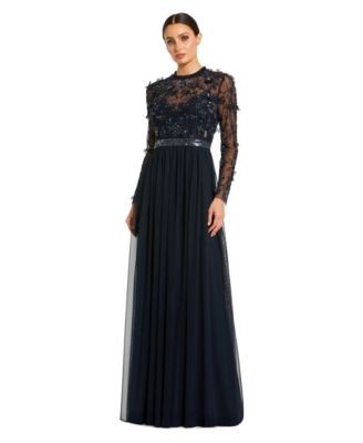 Women's Embellished Illusion High Neck Long Sleeve Gown
