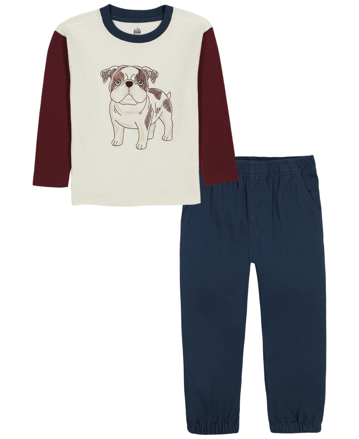 Kids Headquarters Toddler Boys' 2T-5T Long-Sleeve T-Shirt and Pants, 2-Piece Set - Vanilla/Rom Raisin/Blue