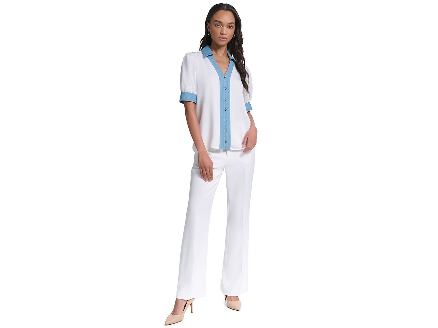 Женская блузка KARL LAGERFELD PARIS Petite Denim Collar Button-Front Blouse, цвет: Мягкий белый — фото 3