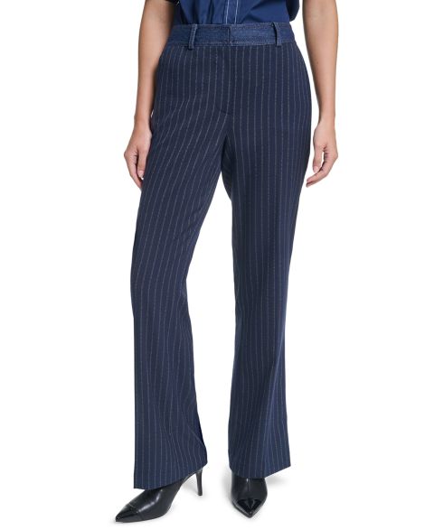 Женские брюки KARL LAGERFELD PARIS Petite Striped Straight-Leg Denim Waistband, цвет: Тёмно-синий / Золотой