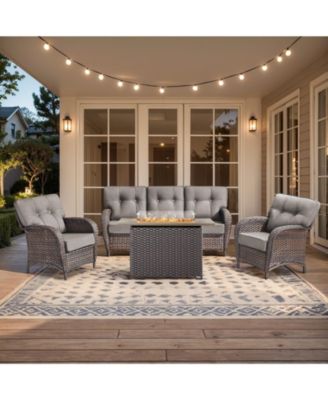 4 Piece Wicker Outdoor Furniture Set with 41" Fire Pit Table, Outside Patio Deep Seating Conversation Set with 5-inch Thick Cushion