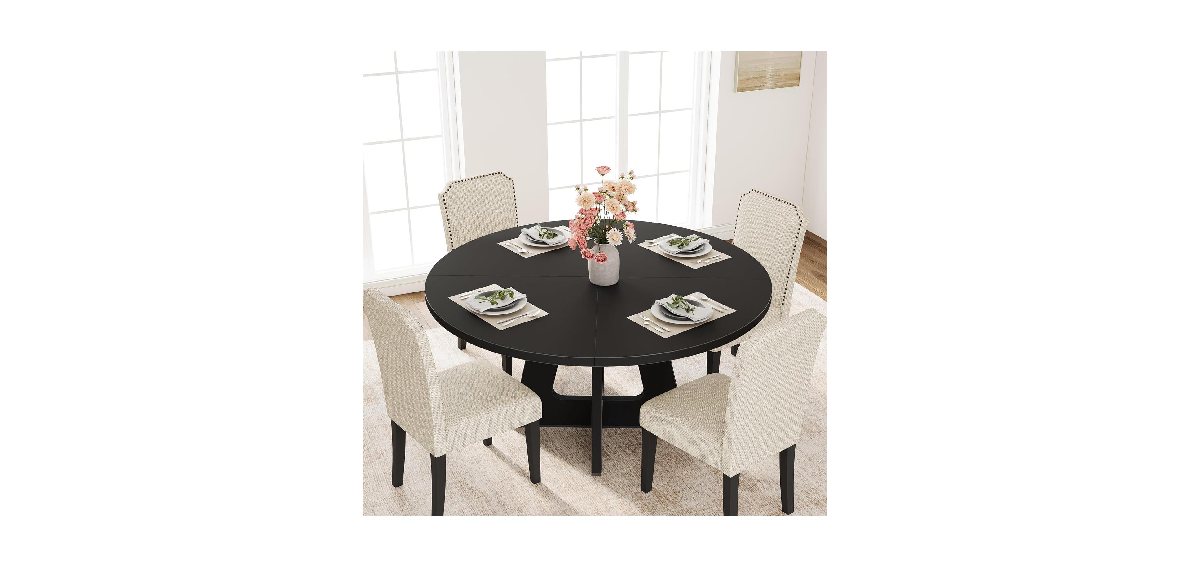 homfan 5 Piece Round Dining Set Farmhouse Kitchen Table with 4 Upholstered Chairs, Space Saving Mdf Table, Faux Linen and Wood Chairs for 4-6 People