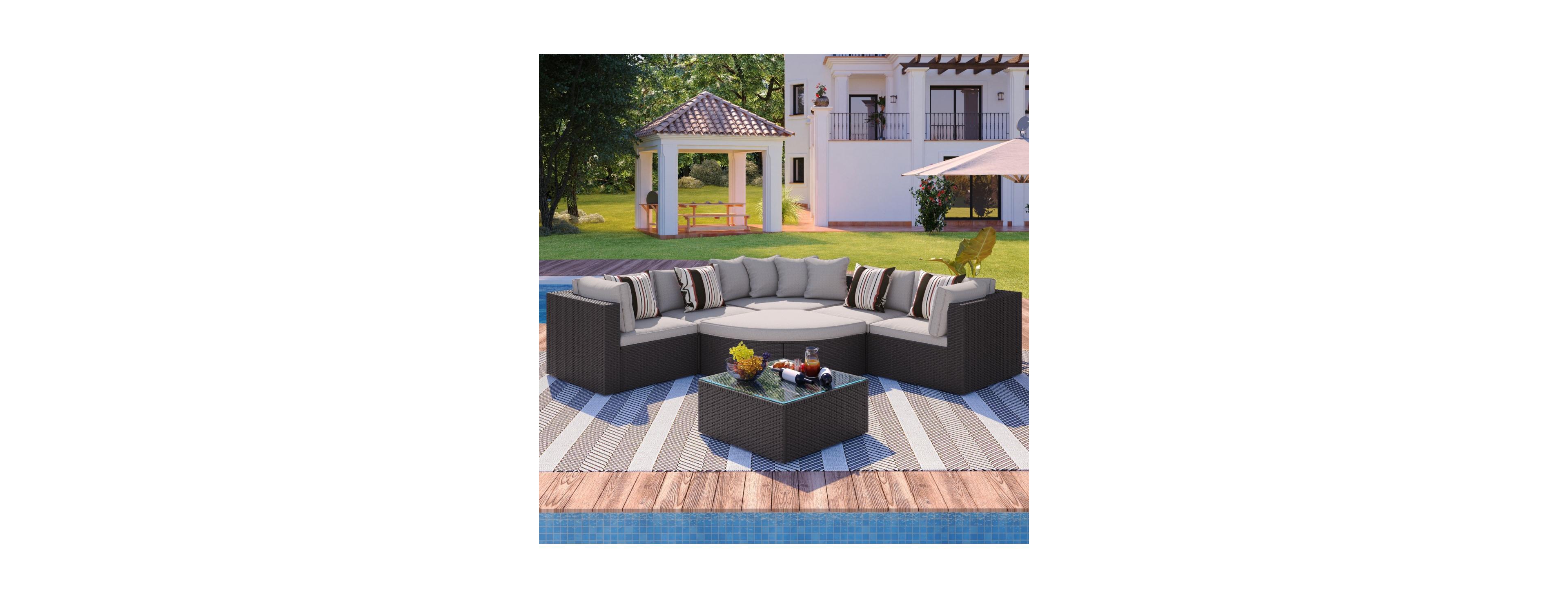 Asagikoiai 7-Piece Outdoor Wicker Patio Sectional Sofa Set with Cushions and Colorful Pillows