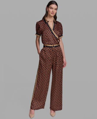Women's Geometric Print Satin Button-Front Blouse and Polka-Dot Satin Straight-Leg Pants