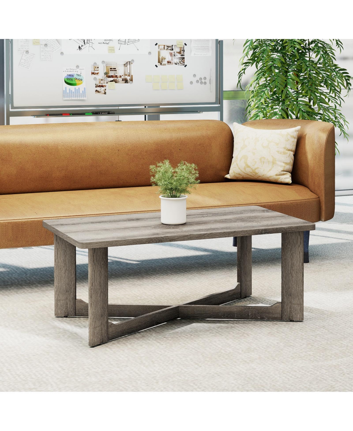 Gymax Coffee Table Solid Rubber Wood Center Table with X-Shaped Base for Living Room