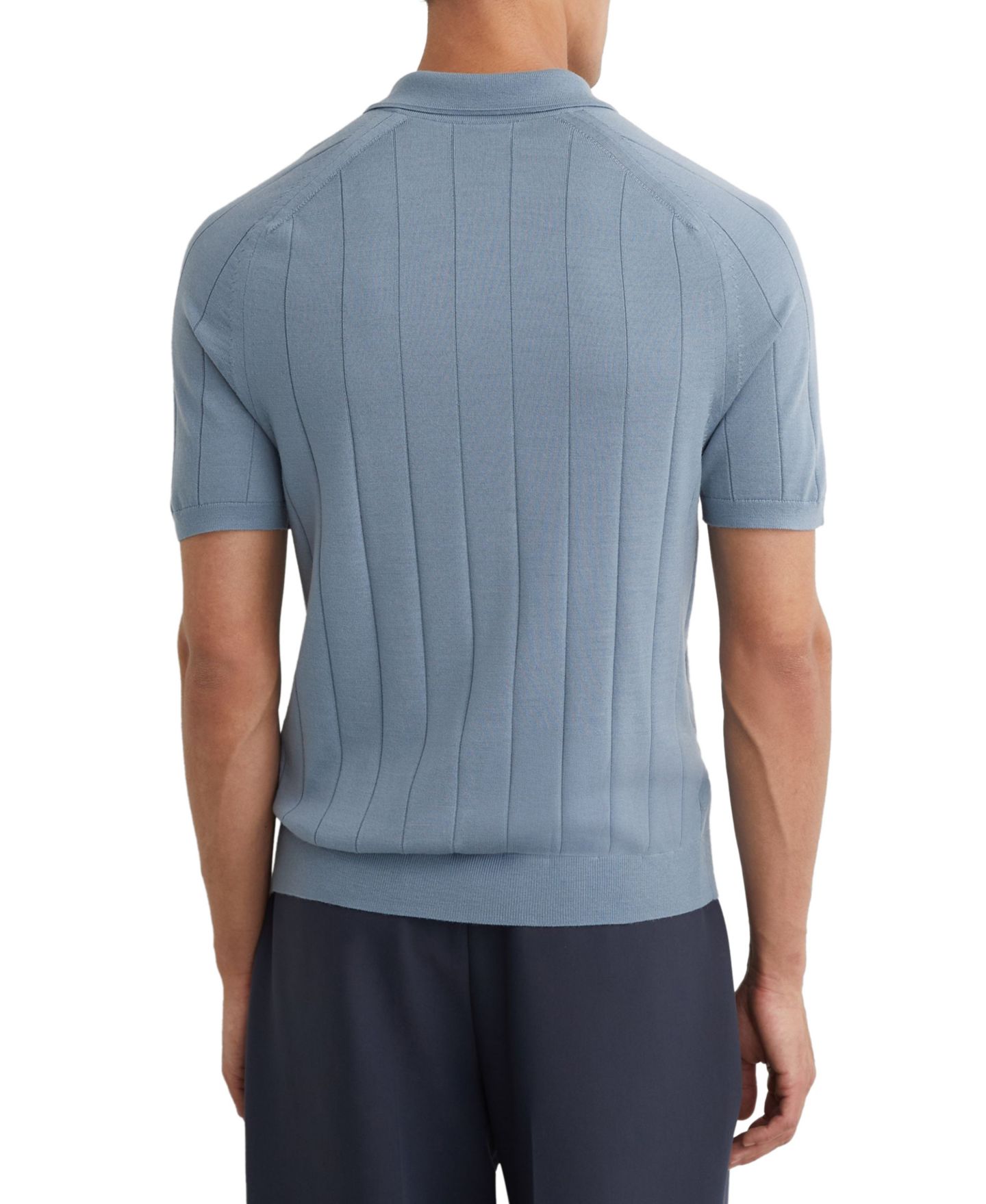 Мужская рубашка REISS Chelmsford Open Collar Wide Rib Merino Wool Jumper Polo Shirt, цвет: Синий — фото 5