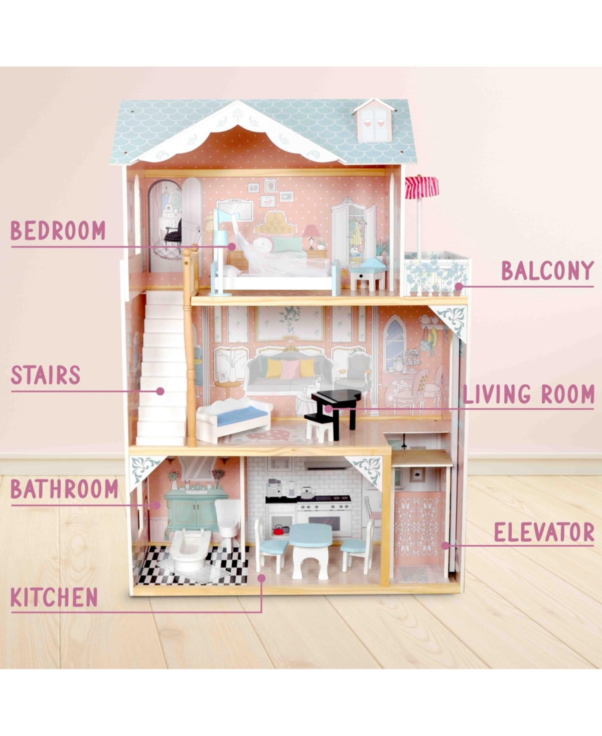 Lil' Jumbl X-Large Wooden Dollhouse, 3 Story Doll House Set w/Elevator, Stairs and Accessories