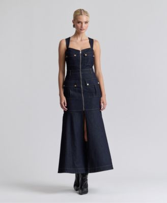 Women's Stretch Denim Cargo Zip-Front Midi Dress