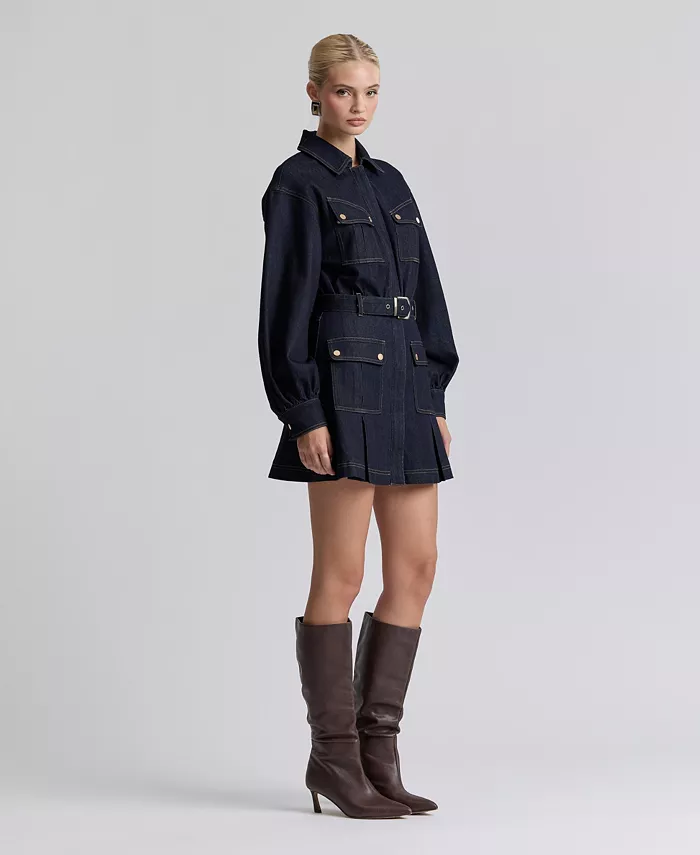 Women's Stretch Denim Belted Cargo Mini Dress - thumbnail 3
