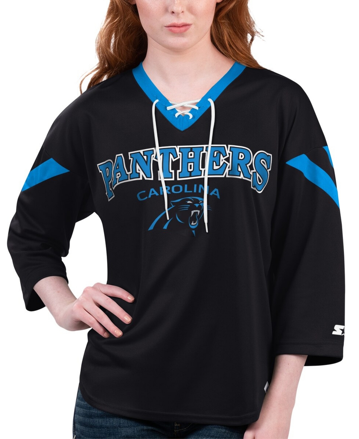 Starter Women's Black Carolina Panthers Rally Lace-Up 3/4 Sleeve T-Shirt