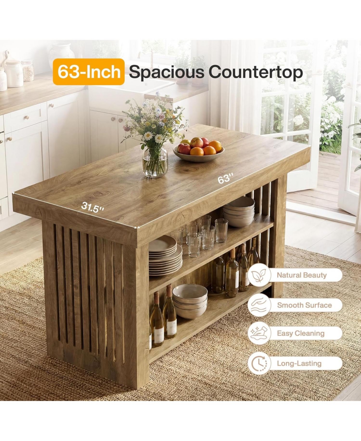 Tribesigns Kitchen Island with Storage: 63" farmhouse butcher block table with open shelves. Rustic counter for dining room, living room.