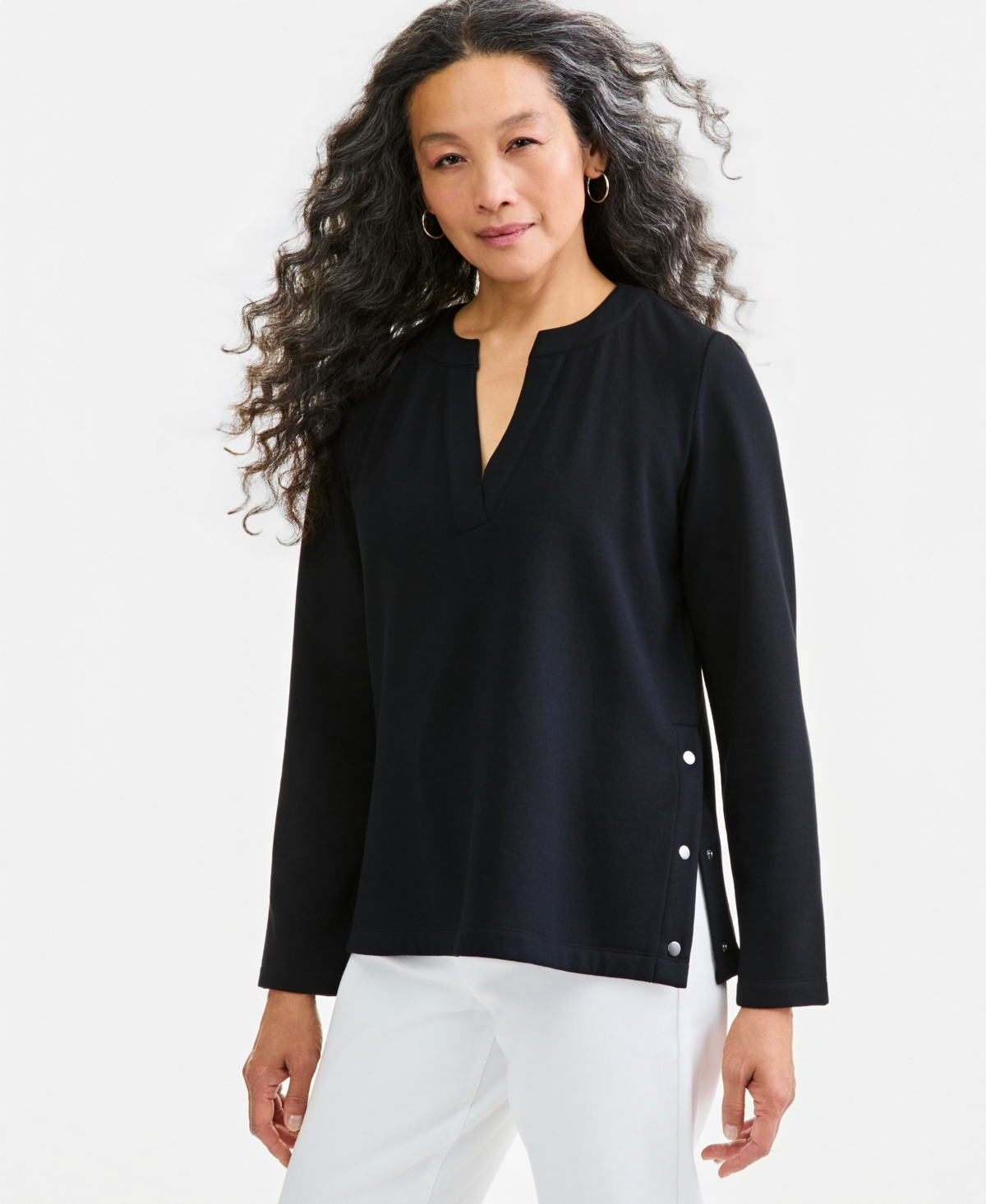 Style & Co Women's Luxlounge Fleece Split Crewneck Top, Macy's Exclusive In Deep Black