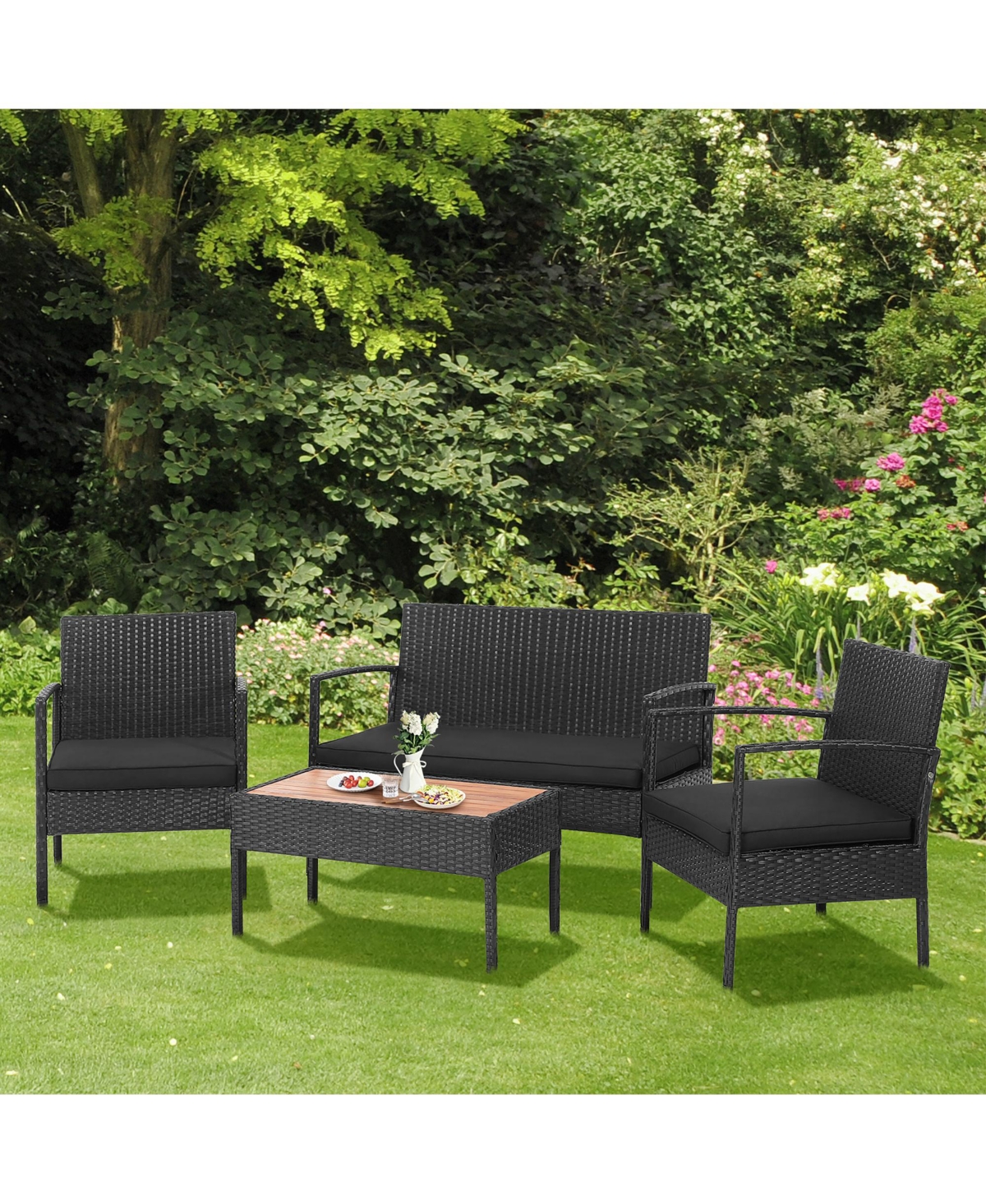 Costway 4Pieces Patio Rattan Furniture Set Cushioned Chair Wooden Tabletop