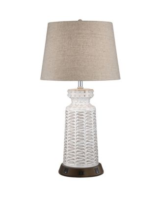 Country Cottage Table Lamp Ceramic USB and AC Power Outlet Workstation Charging Base 26" High White Tan Shade Bedroom (Color May Vary)