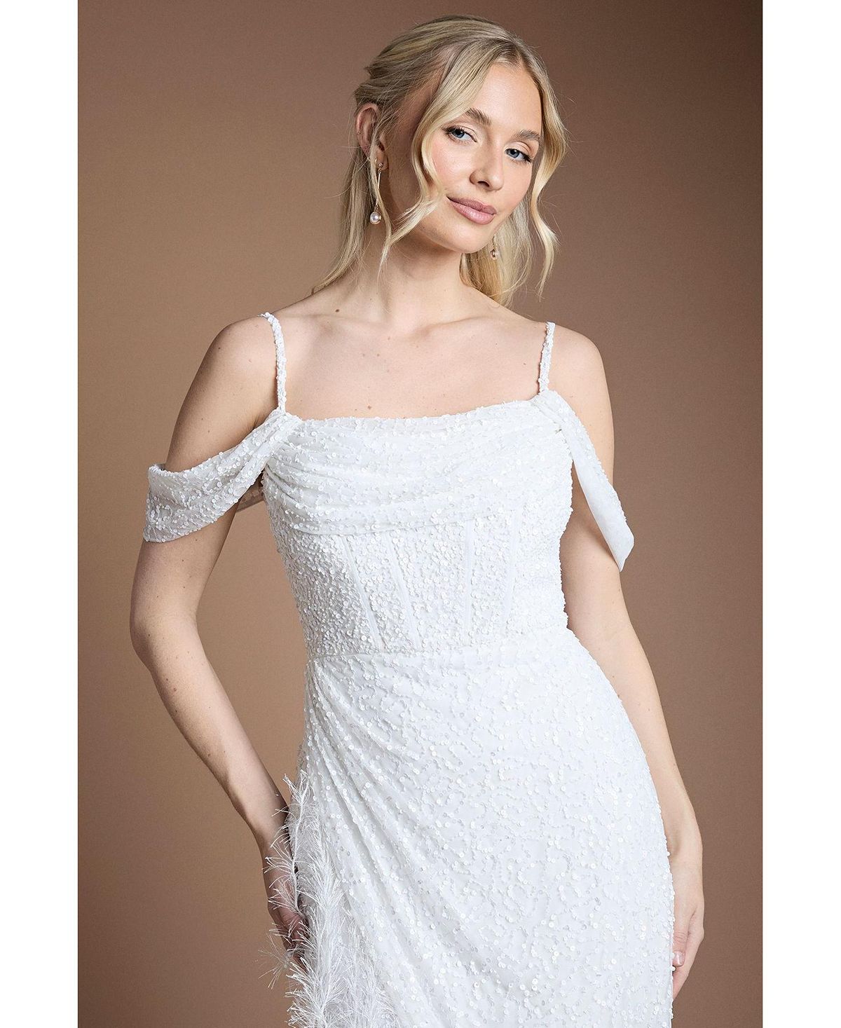 Coast Women's Bardot Neck Feather Trim Maxi Dress view 4 — MAYCSS fashion products