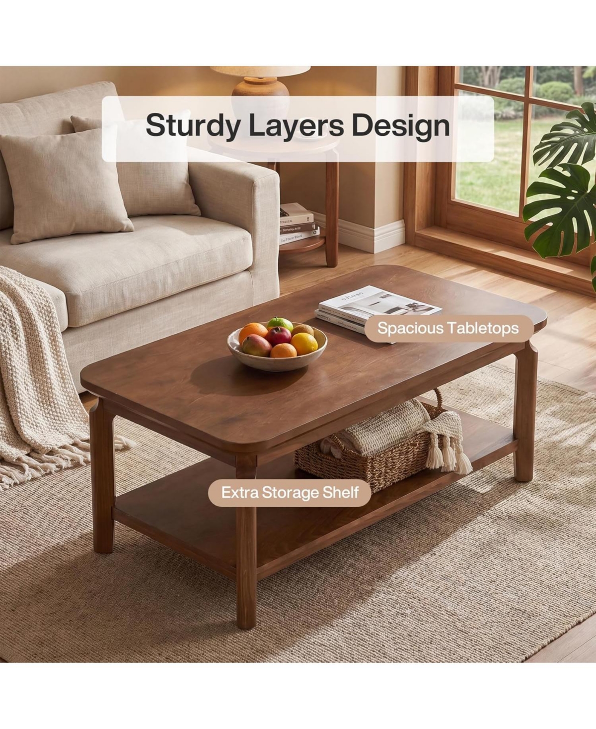 Tribesigns 47 Inch Coffee Table, Mid Century Modern Rectangular Center Table with Open Storage Shelf and Safe Rounded Corners for Living Room,Walnut