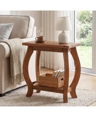 Narrow Side Table, 2-Tier Solid Wood End Table with Storage Shelf, Curved Legs Farmhouse Nightstand for Small Spaces, Bedroom, Living Room