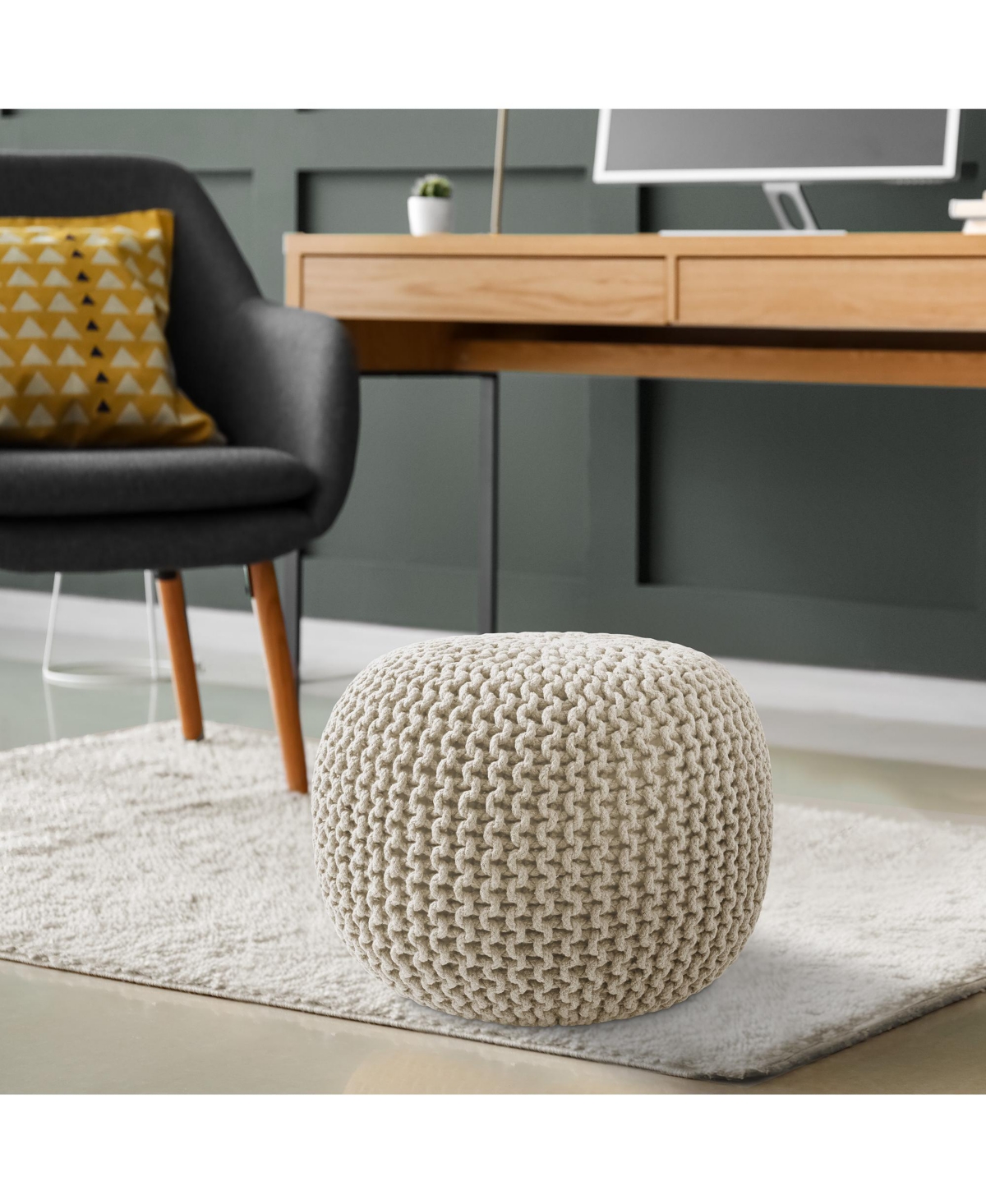 Casafield Round Pouf Ottoman, Navy Blue - 20" Dia x 14.5" High Cotton Knit Foot Stool Boho Floor Pouffe for Living Room