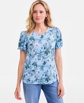 Women's Mix Media Puff-Sleeve Floral-Print Cotton-Modal Blend T-Shirt