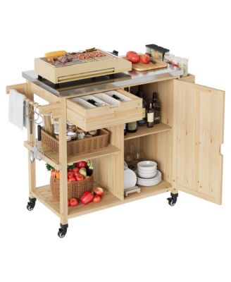 Portable Bar Cart, 44 Inch Stainless Steel Top Kitchen Island with Storage Cabinet and Drawer for Patio or Backyard