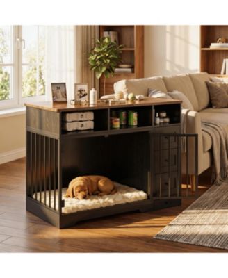  Dog Crate TV Stand, Farmhouse Media Console with Storage Drawers and Pet Bowl, Heavy Duty Indoor Kennel Table for Small and Medium Dogs