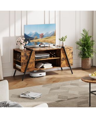 Industrial TV Stand for 47 Inch TV, Wooden Entertainment Center, Adjustable Open Shelves, Slanted Metal Legs, Media Console