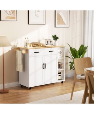 Rolling Kitchen Island Cart, 43 Inch Wood Bar Cart with Drop Leaf and Locking Wheels for Dining Room or Kitchen