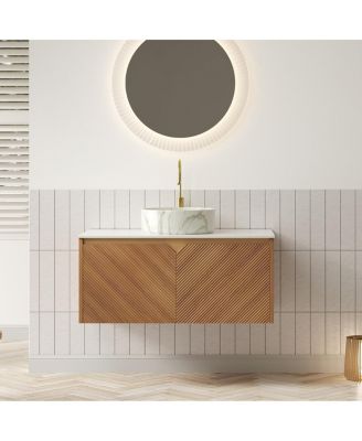 Floating Bathroom Vanity with Ceramic Vessel Sink, Carrara Sintered Stone Top, Solid Wood Door, Twill Metal Trim