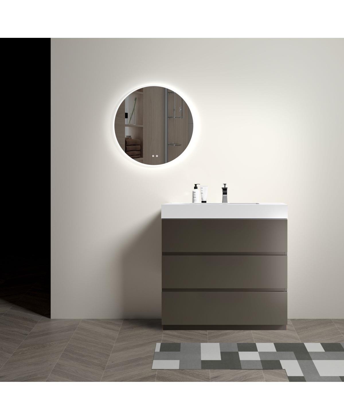Sillysis Modern Freestanding Bathroom Vanity with Stone Sink, Soft Close Drawers, Handle-Free Storage Cabinet