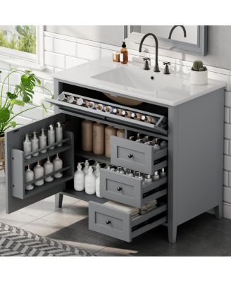 36 Inch Modern Bathroom Vanity with Ceramic Sink, Storage Cabinet, Solid Wood Legs and Adjustable Shelves