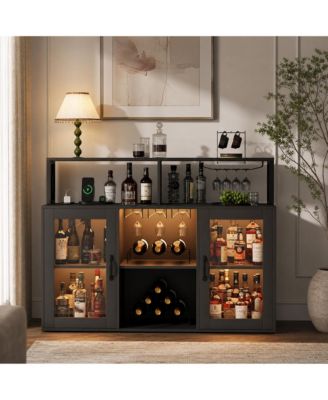 LED Wine Cabinet with Glass Display, Freestanding Bar Cabinet with Storage Shelves for Dining Room Living Room Kitchen