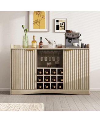 47" Engineered Wood Wine Bar Cabinet with Glass Holder and 12-Bottle Rack, Fluted Panel Liquor and Coffee Bar Cabinet with Storage