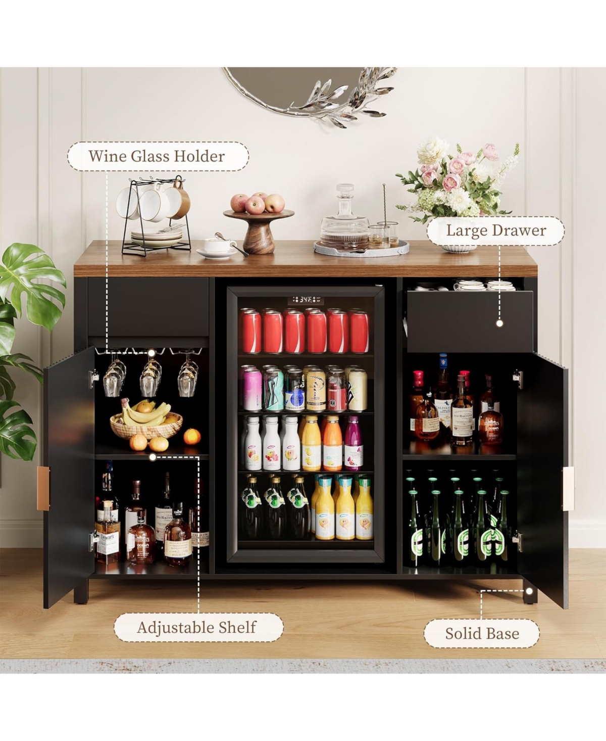 homfan 53" Coffee Bar Cabinet, Charging Station, Mini Fridge Cabinet with Wine Rack, Fluted Liquor Cabinet, Large Buffet Sideboard Table