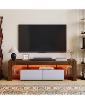 Modern LED TV Stand for Living Room, Color LED Lights with Remote, 2 Drawers, Open Shelf - Fits TV's up to 70 Inches, Spacious Storage Center