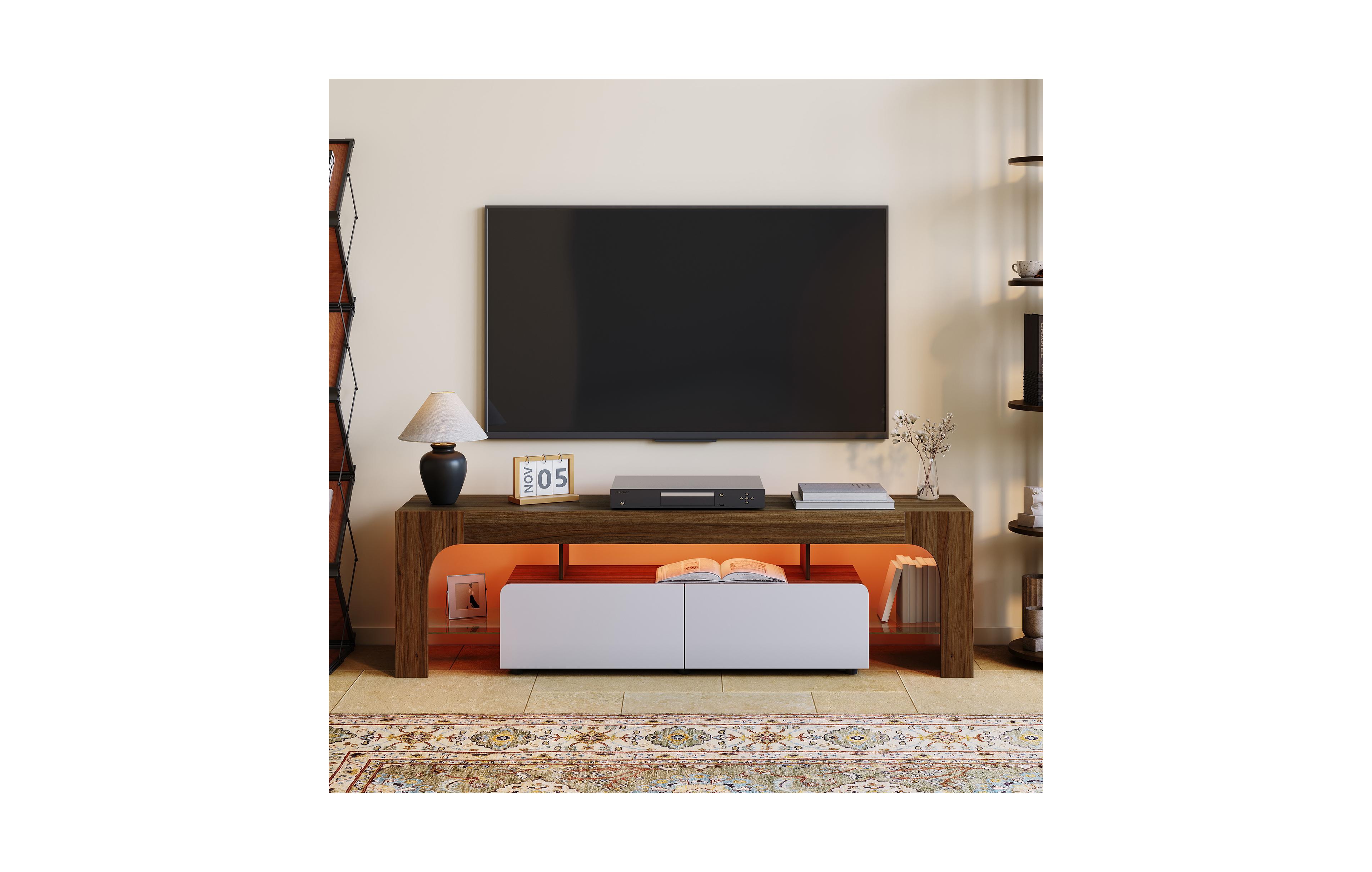 homfan Modern Led Tv Stand for Living Room, Color Lights with Remote, 2 Drawers, Open Shelf - Fits Tv's up to 70 Inches, Spacious Storage Center