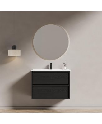 Wall Mounted Bathroom Vanity with Ceramic Sink, Soft Close Drawers, Floating Black Cabinet, Modern Space Saving Storage