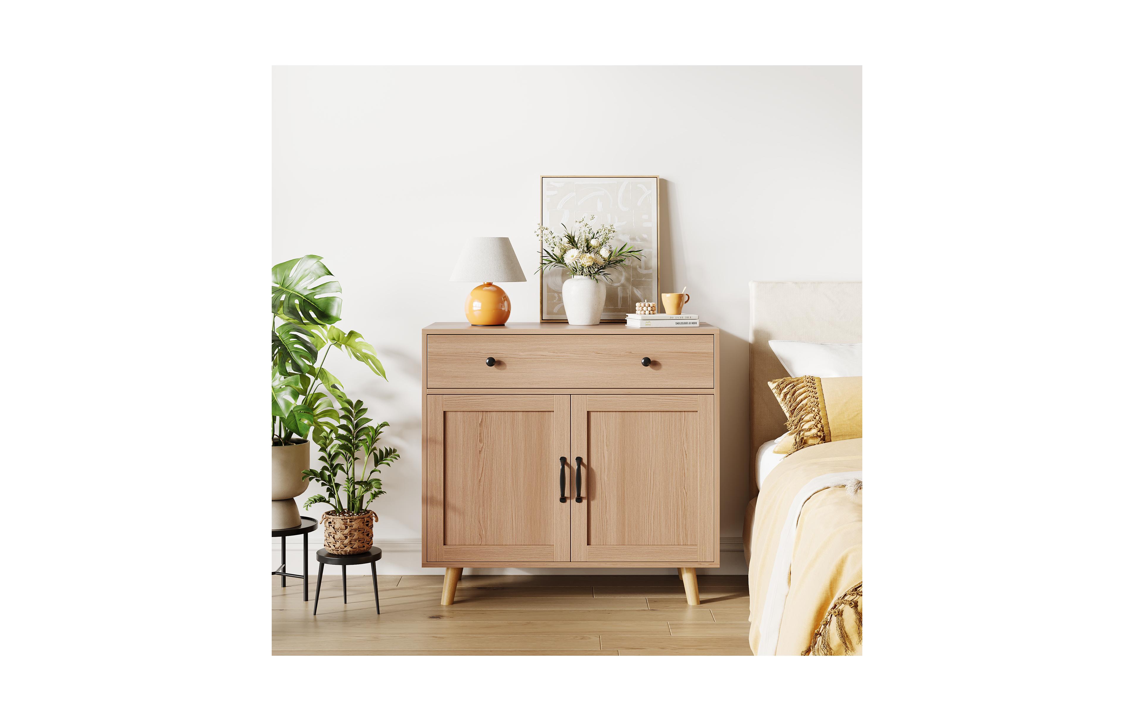 homfan Modern Freestanding Wooden Storage Cabinet with Drawer and Double Doors, Adjustable Shelf, Multipurpose Sideboard for Living Room