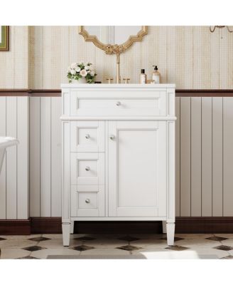 24" French Bathroom Vanity with Ceramic Sink, Modern Freestanding Cabinet, Soft Close Storage Drawers, Adjustable Shelf