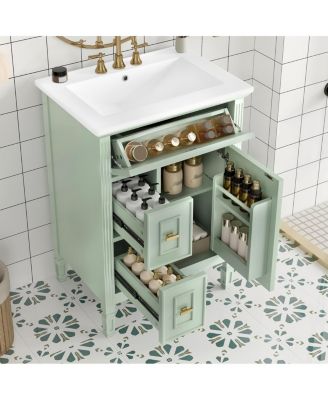 24 Inch Modern Bathroom Vanity with Ceramic Sink, Solid Wood Frame, Flip Drawer and Ample Storage Cabinet