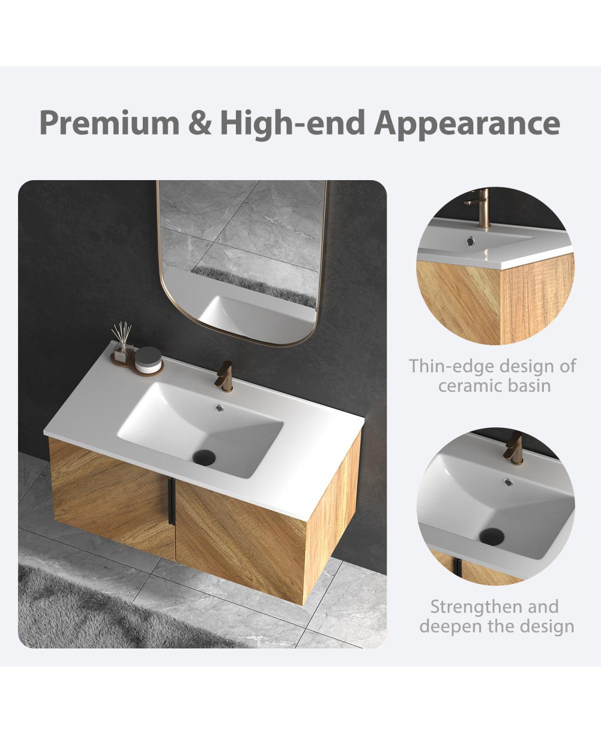 Sillysis Modern Wall Mounted Bathroom Vanity, 3D Fluted Double Door Cabinet, Integrated Ceramic Sink