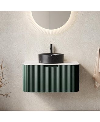 Wall-Mounted Bathroom Vanity with Ceramic Sink, Sintered Stone Top, Soft Close Drawer, Pre-Assembled Stripe Cabinet