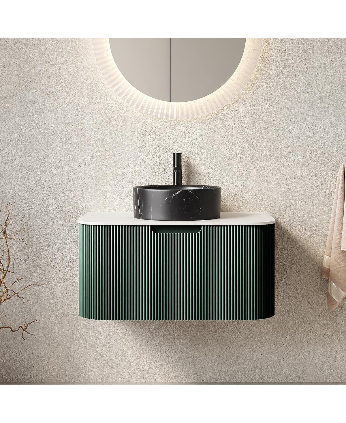 Sillysis Wall-Mounted Bathroom Vanity with Ceramic Sink, Sintered Stone Top, Soft Close Drawer, Pre-Assembled Stripe Cabinet - Green